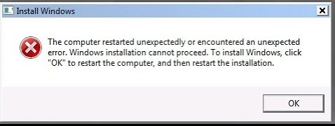 The computer restarted unexpectedly or encountered an unexpected error.